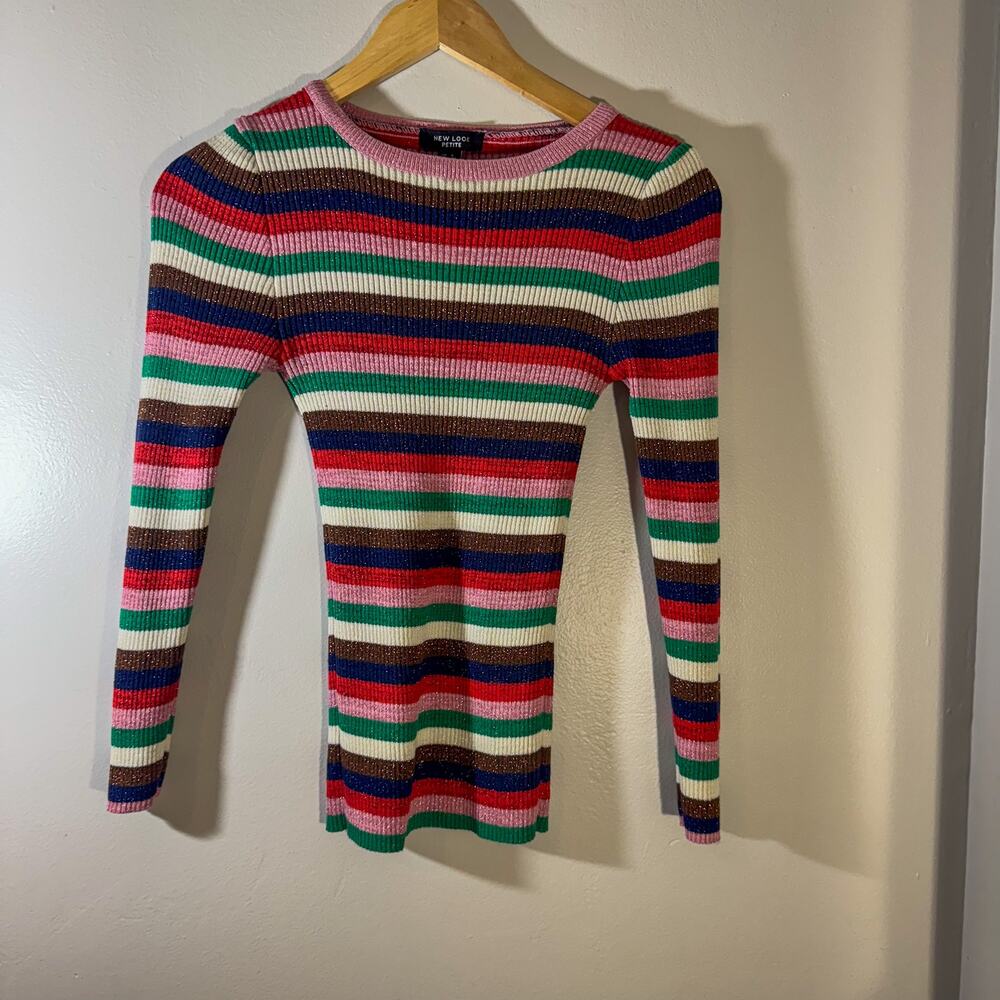 Vintage New Look Petite Metallic Rainbow Stripe Ribbed Knit Top Glitter Y2K 6